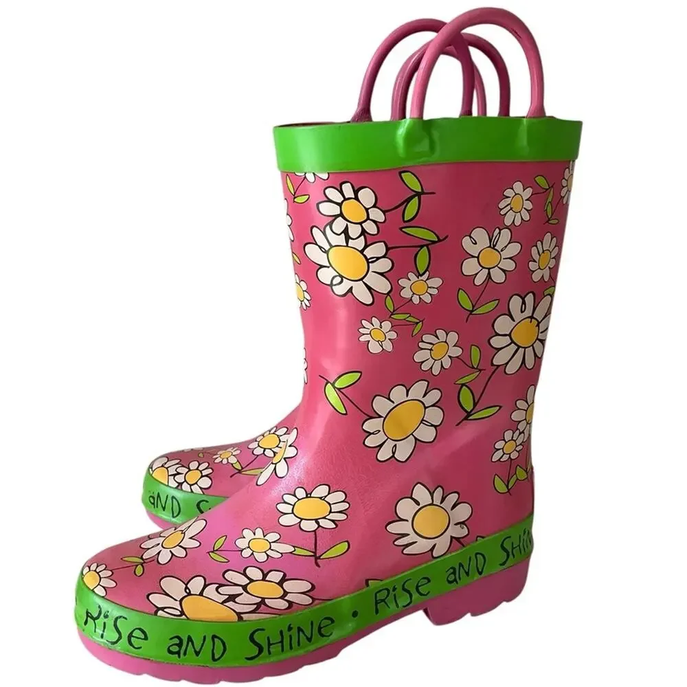 Lazy one Kids Rain Boots Daisy Pink Green Size 1 EUC